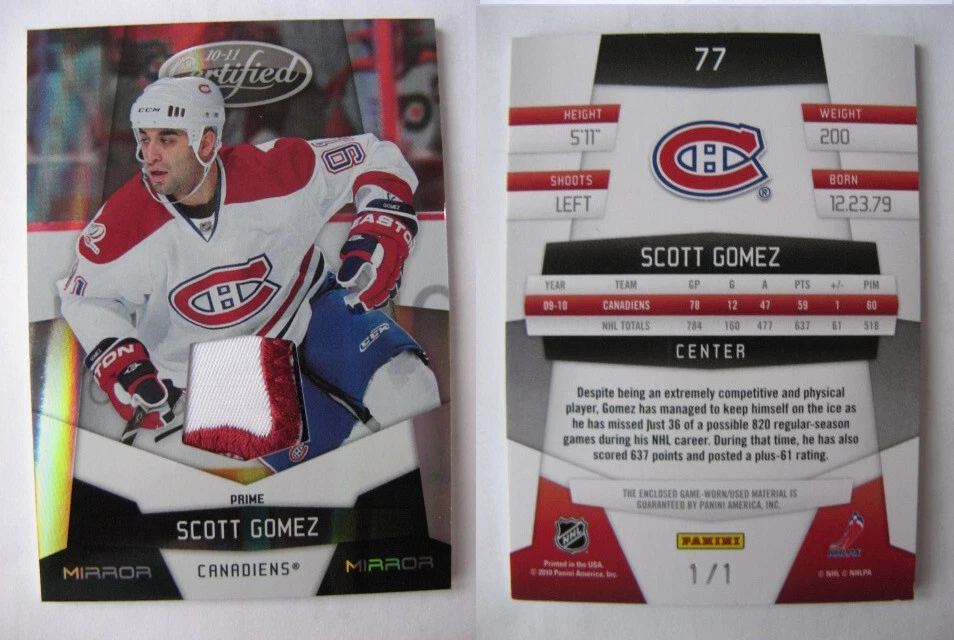 Parche 1/1 Scott Gomez Prime #77 de materiales negros espejo certificado 2010-11 Foto 1 de 1