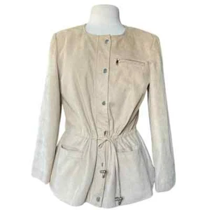 Ellen Tracy Jacket Faux Suede Camel Snap Zip Drawcord Waist Lined Medium - Picture 1 of 7