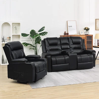 Black 2+1 Massage Recliner Chair Set,2 Seater Loveseat & Single Sofa Living Room - Image 1 of 4