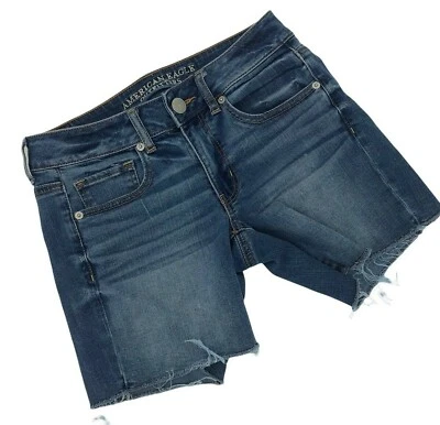 American Eagle Denim Midi Short Womens Size 6 Whiskered Dark Wash Flap Pocket - Image 1 of 4