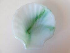 Vintage Akro Agate Sea Shell Ashtray,Trinket Dish-Green White Swirl Slag Glass