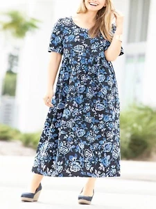 Ulla Popken Dark Blue Floral Cotton Jersey Empire Dress UK 40/42 - Picture 1 of 4