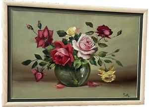 Original Art Oil Painting Roses Pink Red Still Life Signed 23x16” Canvas Floral - Picture 1 of 4