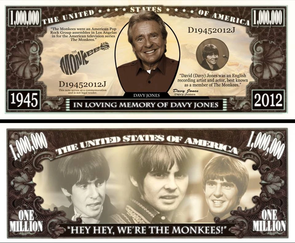 Davy Jones of Monkees Million Dollar Bill Funny Money Novelty Note +FREE SLEEVE