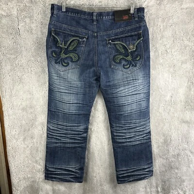 Vintage Raw Blue Jeans Mens 38x30 Denim Fleur De Lis Gothic Hip Hop Wide Y2k - Image 1 of 4