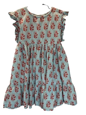 Pink Chicken Girls Sz 7Y Stevie Dress Ruffle Floral Print Metal Thread Blue - Image 1 of 4