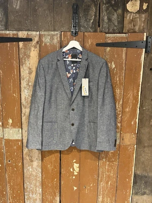 Next Slim Fit Suit Jacket Blazer Grey Mix Herringbone Linen Blend 48R New - Image 1 of 4