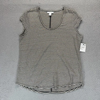 Nordstrom Signature Womens Cap Sleeve Linen T Shirt Black Brown Stripes Size L - Image 1 of 4