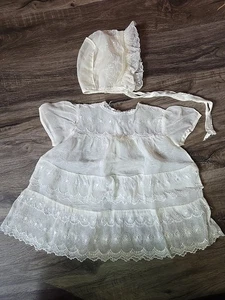 Vtg 1950s Baby Baptism Christening Sheer White Gown Dress With Bonnet - Picture 1 of 17