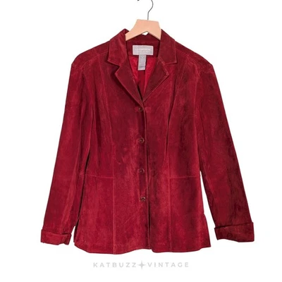 Y2K Suede Jacket PM Red Button Leather Button Collar Baddie Classic Fall Nyc - Image 1 of 4