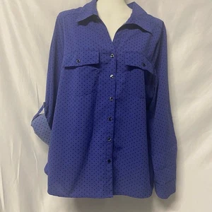 Elementz Top Blouse Button Up PXL Petite Purple Black Roll Tab Sleeves - Picture 1 of 12