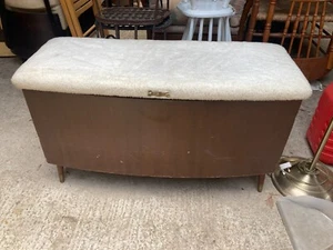 Vintage Brown Wooden Ottoman Blanket Storage Box Stool Fabric Top - needs TLC - Picture 1 of 9