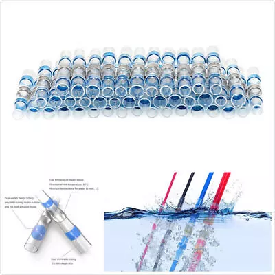 Kit de terminales termorretráctiles de manga de soldadura azul impermeable para automóvil SUV 100 piezas 16-14 AWG Foto 1 de 4