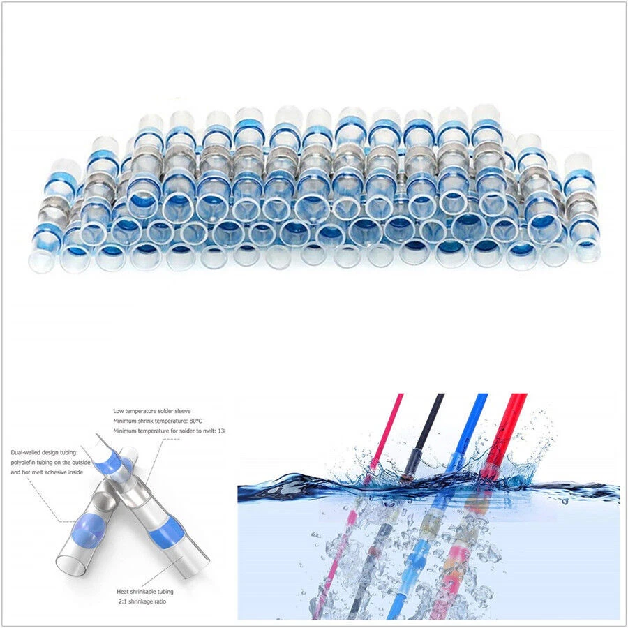 100 Pcs Blue Waterproof Car SUV Solder Sleeve Heat Shrink Terminals Kit 16-14AWG - Image 1 of 4