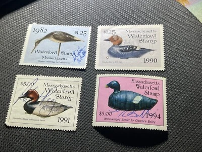 Massachusetts 1982, 90, 91 and 94 Waterfowl Duck Hunting Stamps Used Signed - Image 1 of 4