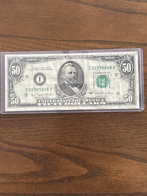 1977 $50 Fifty Dollar Bill Federal Reserve Note # I02995648A - Image 1 of 4