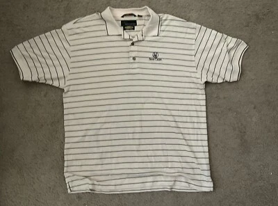 Грег Норман бежевый в полоску играть сухой поло гольф рубашка медведь ручей логотип SZ L - Изображение 1 из 4