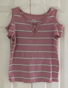 JUSTICE Girls Cold Shoulder Pink, White, Gray  Striped Lace Up Top ~ Size 14/16 - Picture 1 of 9
