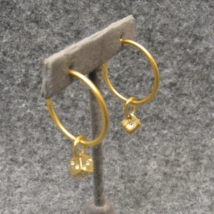 Satin Gold Finish Hoop Earrings w/ 6 Sided Lucky Dice Rhinestone Charm NEW - Picture 1 of 3