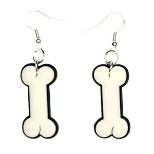 Dog Bone Earrings Handmade Hypoallergenic Silver Plated Fishhooks - Picture 1 of 5