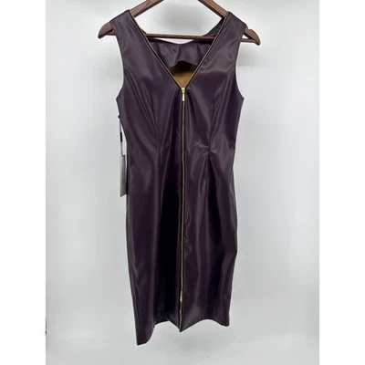 Calvin Klein Women's Plum Faux Leather V Neck Zip Front Sheath Dress Size 8 - Image 1 of 4