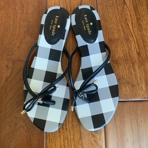 Kate Spade Mistic Bow Flip Flop Black Check Leather Sandal Size 10 Thong NEW - Picture 1 of 6