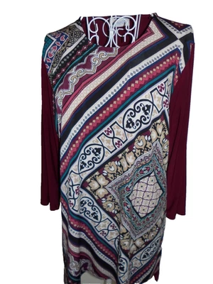 New Anamur purple ethnic print long sleeve silky longline stretch tunic top M - Image 1 of 4