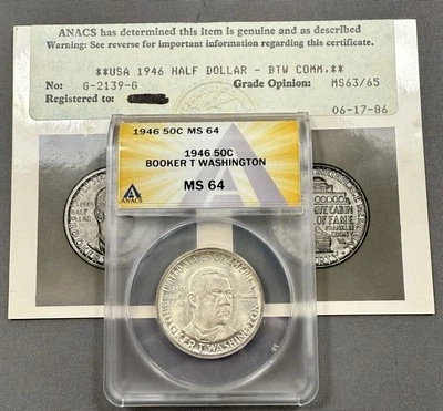 1946 Booker T Washington Half Dollar 50c - ANACS MS64 - W/ Old Photo Cert - Image 1 of 4