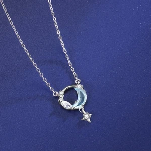 Korean Style Simple Fashion Moon Chokers Necklace Blue Stone Pendant Necklaces - Picture 1 of 7