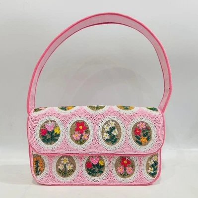 Pink Beaded and Embroidered Floral Shoulder Bag Handmade Artisan Beadwork Purse - Image 1 of 4