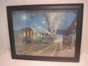 OLD VINTAGE JIG SAW PUZZLE TRAIN R/R PICTURE FRAMED ENGINE NICE - Picture 1 of 8