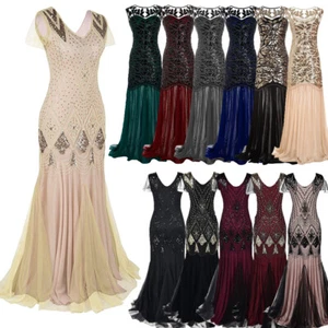 1920s Flapper Long Dress Wedding Party Formal Evening Cocktail Floor Length Gown - Picture 1 of 78