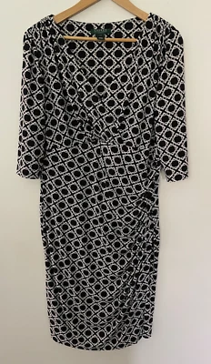Lauren Ralph Lauren Faux Wrap Dress Size 14W Black White Stretch Knee Length - image 1 of 4