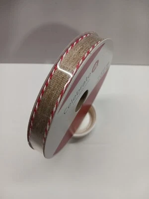Celebrate it Ribbon Christmas Tan with Red and White Stripe 3/8" x 30 ft New - Image 1 of 3