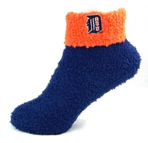Detroit Tigers Baseball Navy & Orange Cuffed Team Logo Fuzzy Soft Sleep Socks - Picture 1 of 3