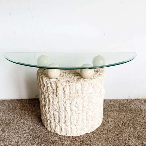 Postmodern Tessellated Stone Demi Lune Glass Top Console Table Cover