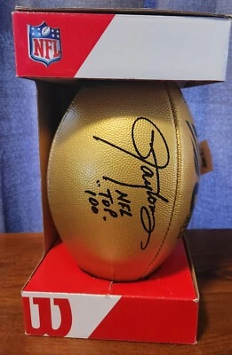 Fútbol americano Lawrence Taylor autografiado NFL 100 dorado con inscripción. Testigo JSA Foto 1 de 4