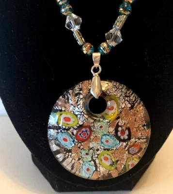 Two Millefiori Murano Style Glass Pendant Necklaces~Beaded~Yellow Cord~Handcraft - Image 1 of 4