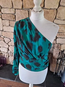 Asos One Sleeve Blurred Animal Print Top Green Black Size 12 BNWT RRP £30 - Picture 1 of 12
