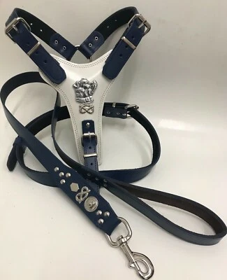 DOG HARNESS REAL LEATHER-STAFFY/STAFFORDSHIRE BULL TERRIER/BLUE+WHITE WITH LEAD - Image 1 of 4