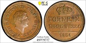 1854 Italian States Naples & Sicily 1 1/2 Tornesi, PCGS MS 63, KM-365 Rare in MS - Picture 1 of 2