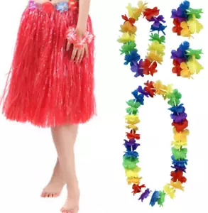 1 X 5pc Hawaiano Hula Gonna Rosso 60cm con Fiore Ghirlanda Costume Adulti - Foto 1 di 5