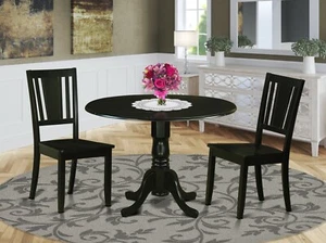 3pc Set, Round Pedestal Kitchen Dining Table With 2 Wood Seat Chairs In Black - Picture 1 of 10