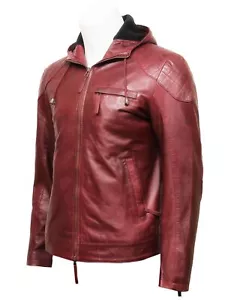 Chaqueta de Cuero de Rial Borgoña para Hombres Abrigo de Motociclista Genuino Piel de Cordero con Capucha Calce Ajustado - Imagen 1 de 7