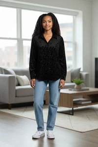 Blusa Preston & York Talla XL Botón Frontal Burnout, Negra, Floral. NS-28 - Imagen 1 de 9