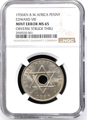 1936 KN British West Africa Penny Mint Error NGC MS 65 KM-16 Obverse Struck Thru - Image 1 of 2