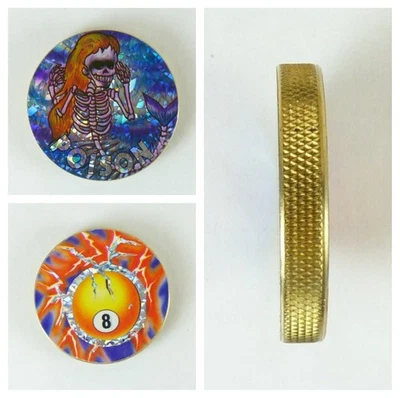 1/4" Thick 2.5oz Brass Double Sided Pogs Slammer Poison Mermaid Skeleton 8 Ball - Image 1 of 4