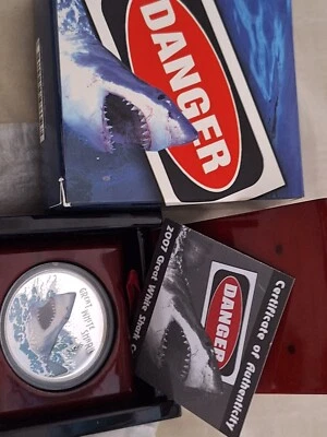 TUVALU 2007 DEADLY& DANGEROUS GREAT WHITE SHARK 1 OZ  PROOF SILVER COA & OGP - Image 1 of 4