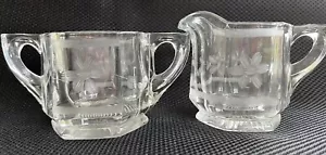 Crystal Glass Heavy Leaded Cream And Sugar Set Etched Flowers Hexagonal - Picture 1 of 12