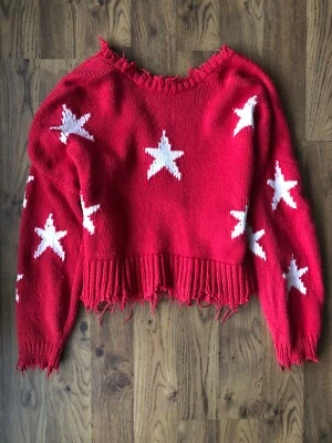 WILDFOX Couture Stars Palmetto Sweater Scarlet Red Oversize Distressed Women's M - Image 1 of 4